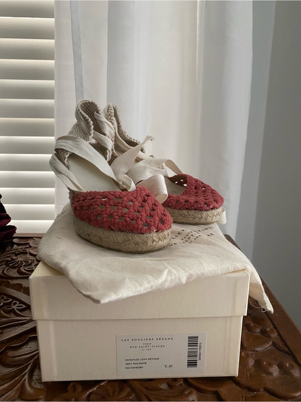 Sezane Red Crochet Espadrille Wedges with Cream Ribbon Ties
